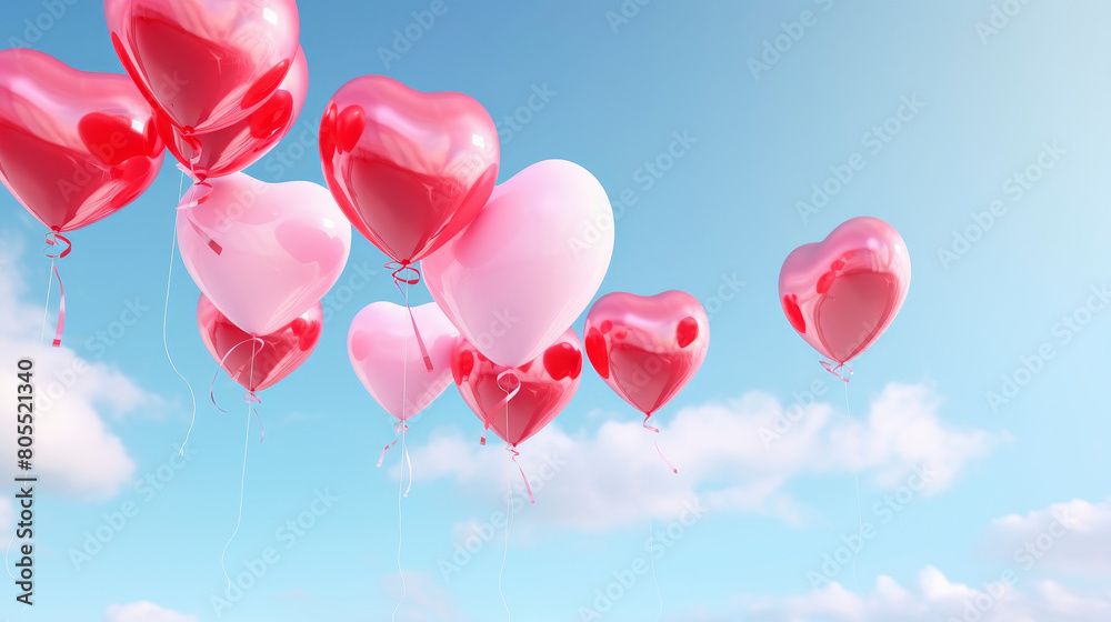 Valentines day heart-shaped balloons, red and pink, romantic celebration stock photo