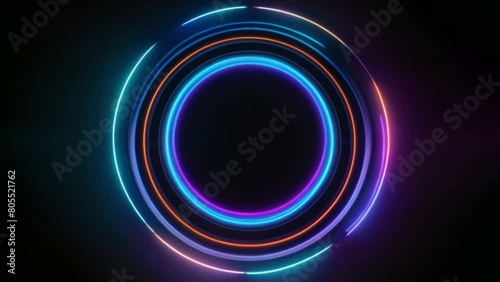 Neon circle lights background for colorful vortex concept. Bright shiny round border for presentation slide. Seamless loop.