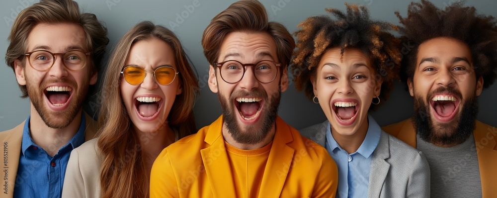 Five joyful young adults laughing together Five joyful young adults laughing together