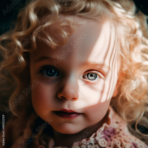 Close-up of a dutch toddler with beauty marks, vintage curls, in bohemian outfit under backlighting