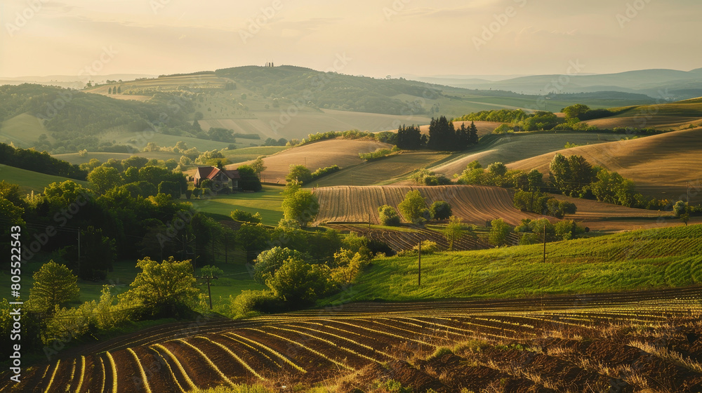 Fototapeta premium Rolling hills and rural landscapes in eastern europe, traditional agriculture in soft light