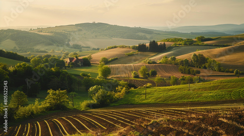 Rolling hills and rural landscapes in eastern europe  traditional agriculture in soft light