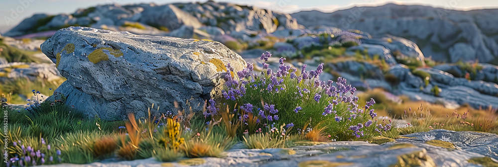 Wildflowers blooming in a natural meadow, showcasing a vibrant array of colors and textures in a serene setting