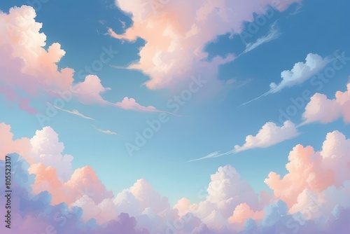 Abstract fluffy cumulus clouds background using soft pastel colors of blue, lavender, peach and white  photo