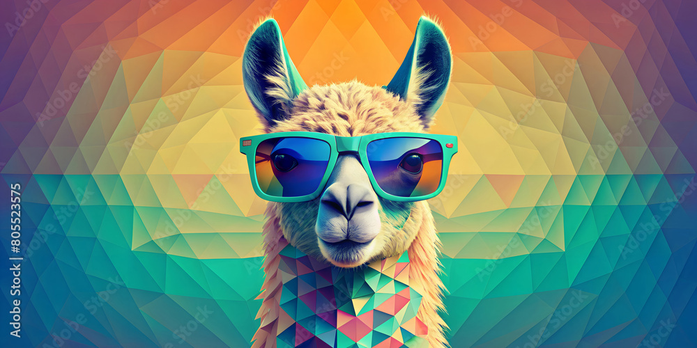 Naklejka premium A stylized llama adorned with cool sunglasses is set against a vibrant, geometric background. The colors are vivid and create a playful, modern vibe.AI generated.