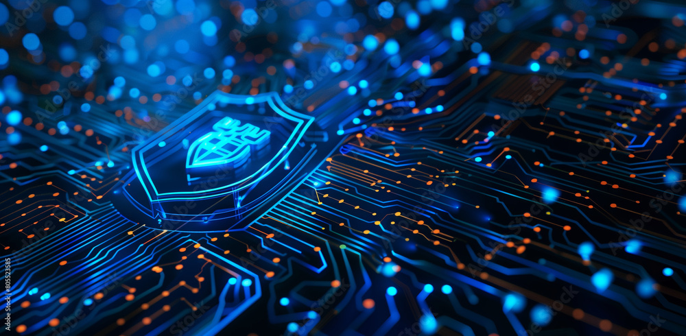 A blue background with circuit board patterns and an icon of the shield ...