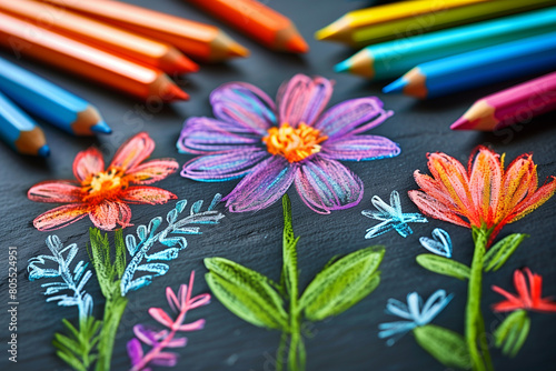 flowers painted with colored pencils on wood on a dark background