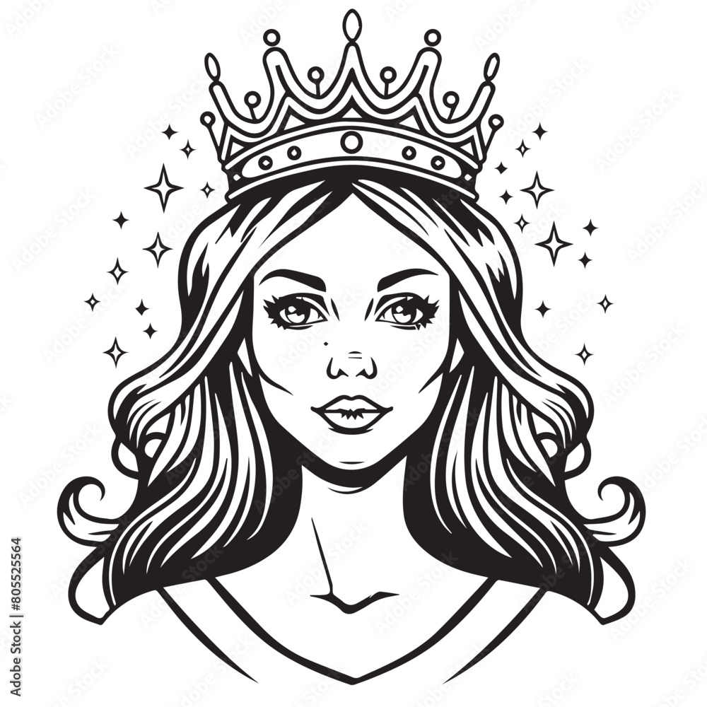 Woman with crown in cartoon, doodle style . Image for t-shirt, web, mobile apps and ui. Isolated 2d vector illustration in logo, icon, sketch style, Eps 10, black and white. AI Generative