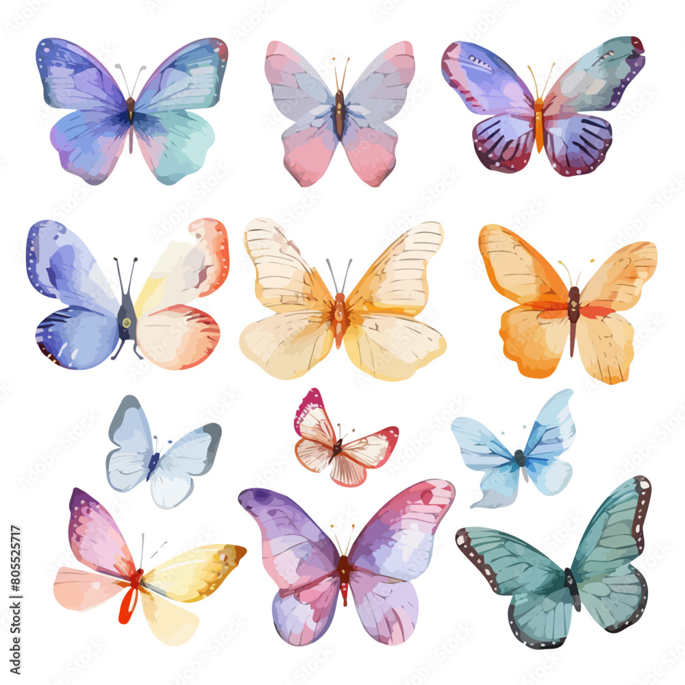 Watercolor vector of a colorful butterfly set, isolated on a white ...