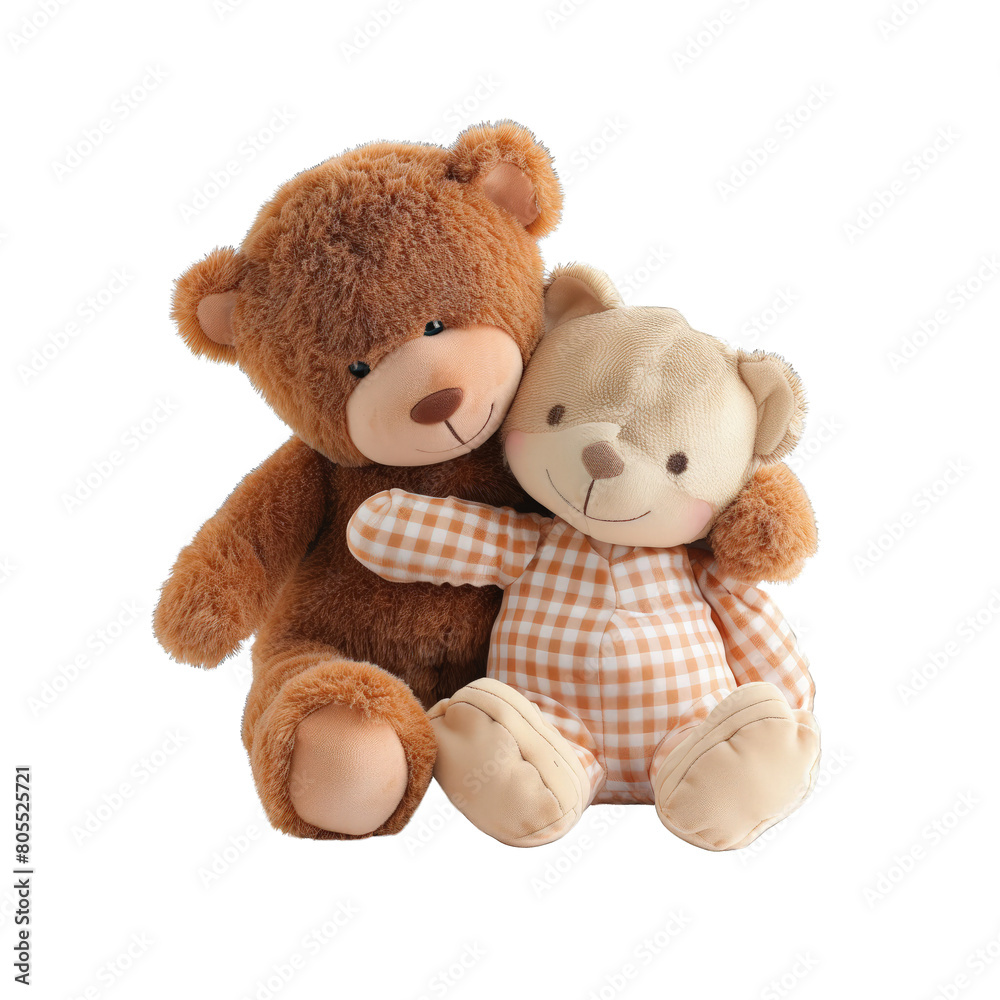Fototapeta premium Dwa misie pluszowe siedzące obok siebie na przezroczystym tle PNG. Jedno z misiów jest brązowe, a drugie białe