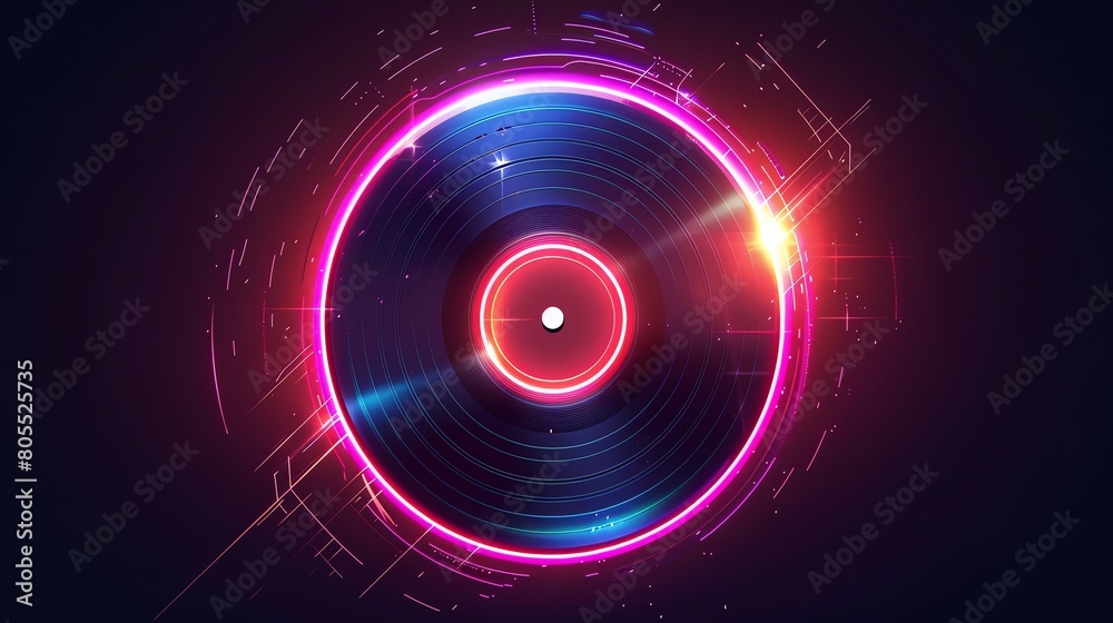 A vinyl record with a glowing neon light around it. A vinyl record with a glowing neon light around it.