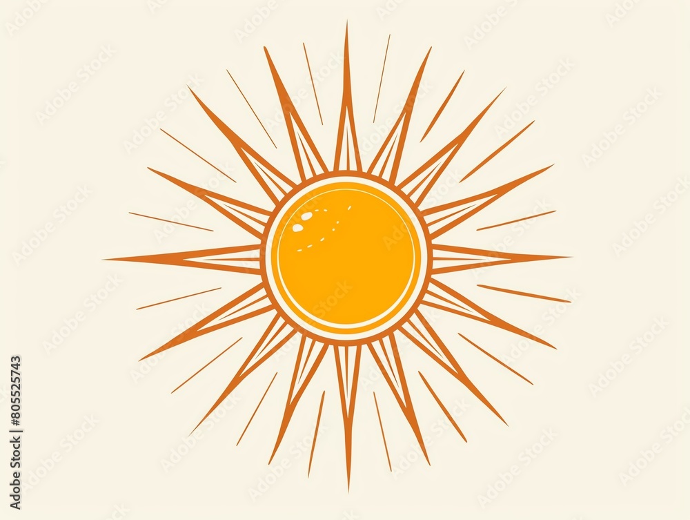 A yellow sun with orange rays in a retro style. A yellow sun with orange rays in a retro style.