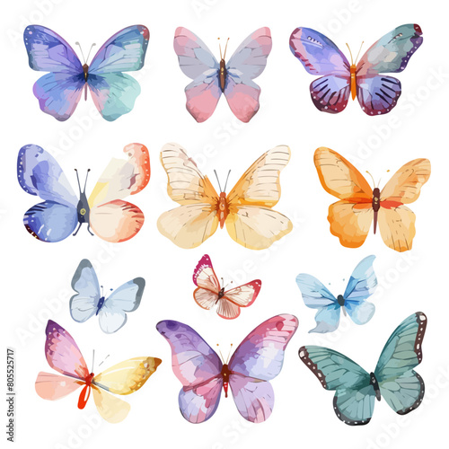 Watercolor vector of a colorful butterfly set, isolated on a white background, design art, drawing clipart, Illustration painting, Graphic logo, colorful butterfly vector 