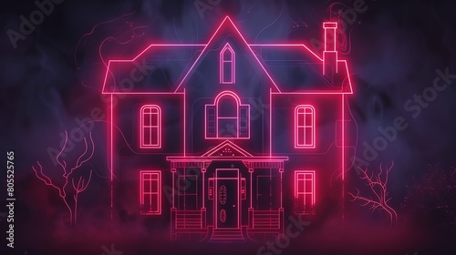 An illustration of a haunted house with a glowing red outline.