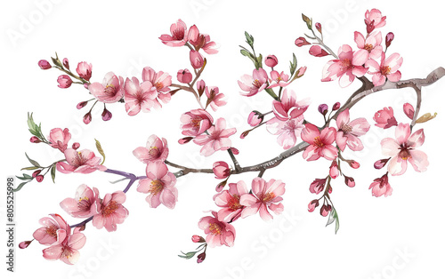 Cherry blossom flower stalk on white background,png
