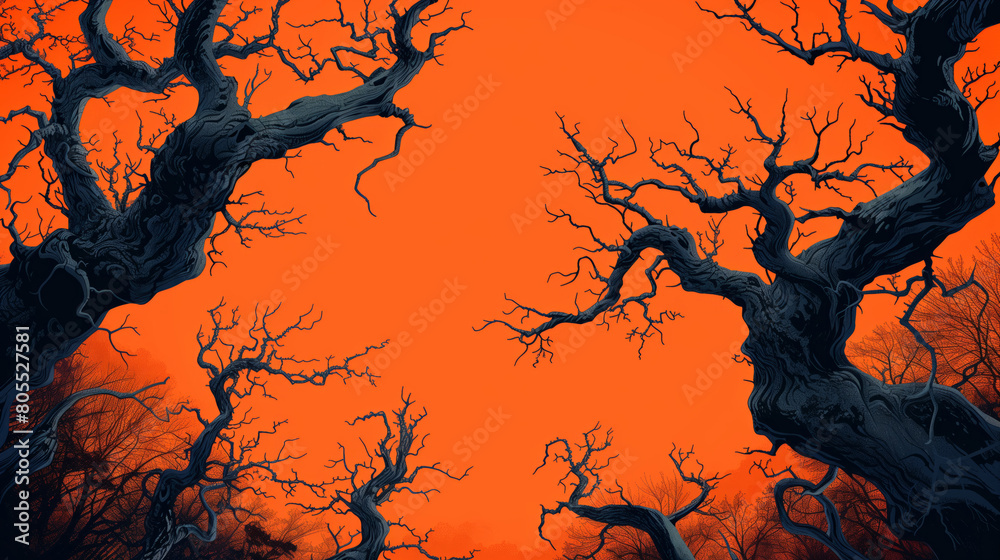 Spooky trees with twisted branches against an orange sky background, Halloween theme