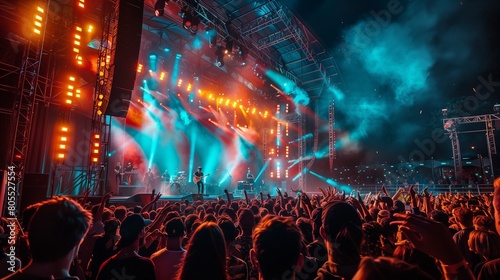 A lively music festival scene, crowd enjoying under vibrant stage lights, with left side text space for a YouTube thumbnail