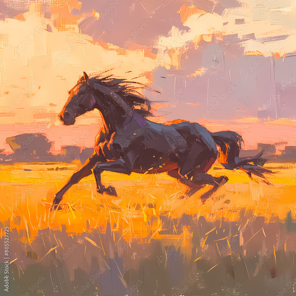 Exquisite equine elegance captured in a majestic sunset prairie gallop. This image encapsulates the raw beauty of nature and the freedom of a mustang running at dusk.
