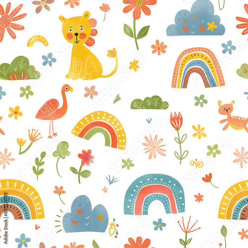 Wzór przedstawiający różne zwierzęta i kwiaty ułożone na białym tle. Można zauważyć detalistyczne rysunki, które tworzą regularny wzór © Artur Lipiński