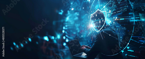 Hand touching virtual shield with binary code and cyber security concept on dark blue background, in the style of professional color grading, soft shadows, clean sharp focus, digital photography in th