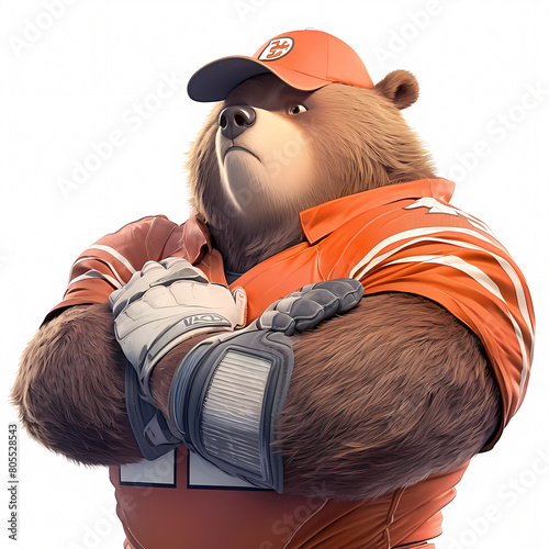 An amused brown bear dressed as a football player, ready for action. photo