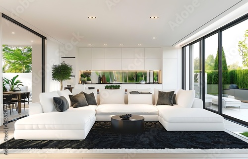 white modern living room with large white sofa and open kitchen