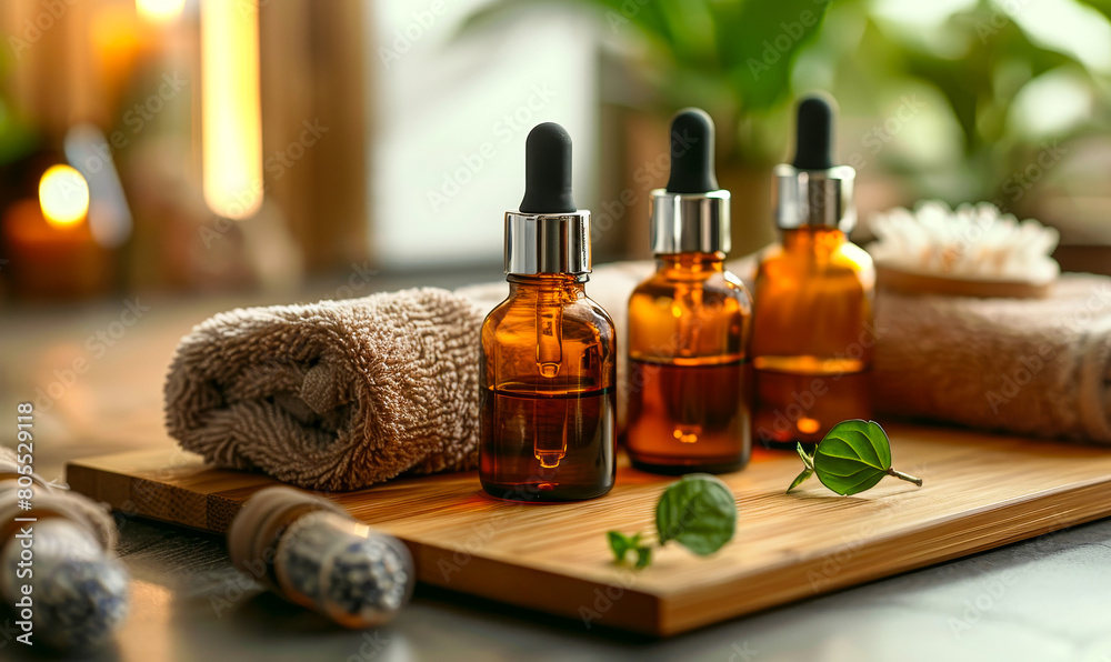Spa Room Serene Ambiance: Cosmetic Bottles, Essential Oils - Facial, Body Care Beauty Concept - Wellness, Relaxation Setting Spa Room Serene Ambiance: Cosmetic Bottles, Essential Oils - Facial, Body Care Beauty Concept - Wellness, Relaxation Setting