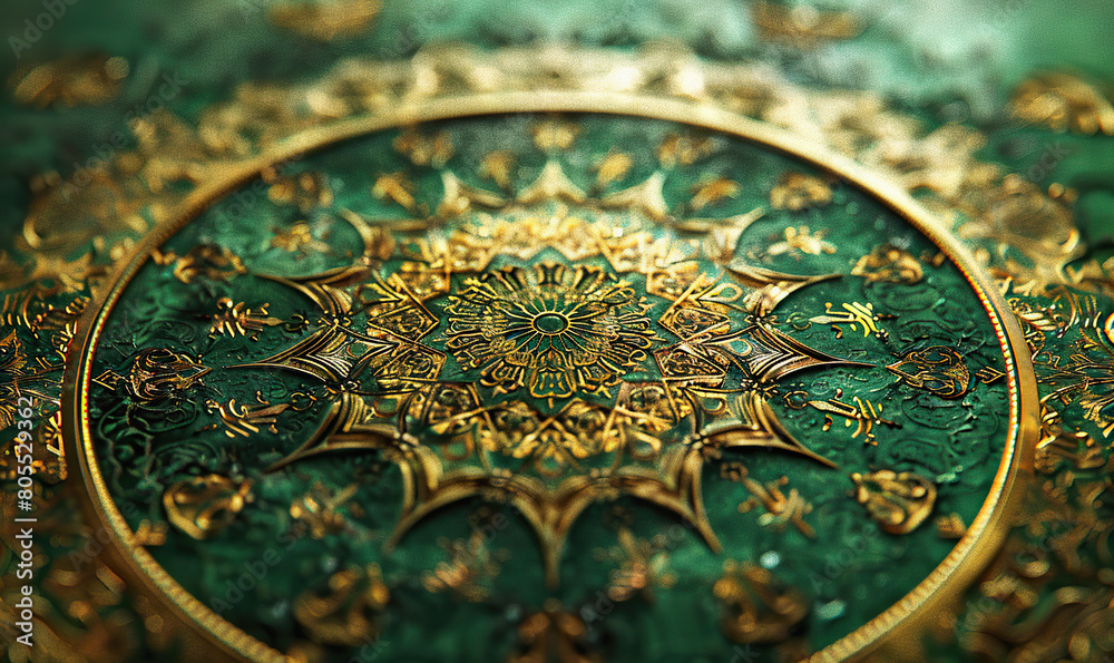 A close-up view of an ornate mandala design with gold accents. Generate AI