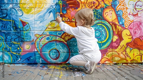 A young child in white painting a bright mural about dreams and aspirations on an urban wall