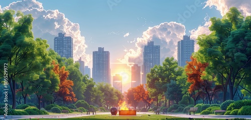 A bustling city park where a barbecue grill suddenly bursts into flames   illustration stlye