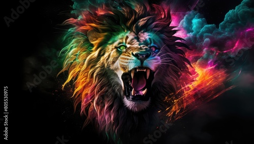 Colorful roaring lion in abstract background