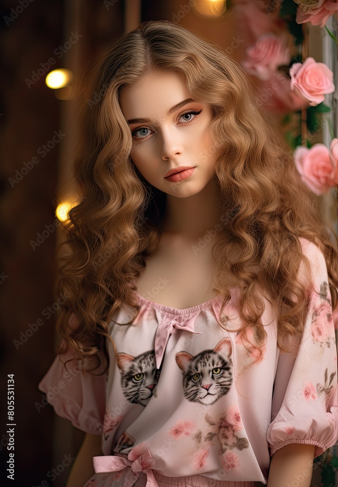 Elegant woman with curly blonde hair and floral dress