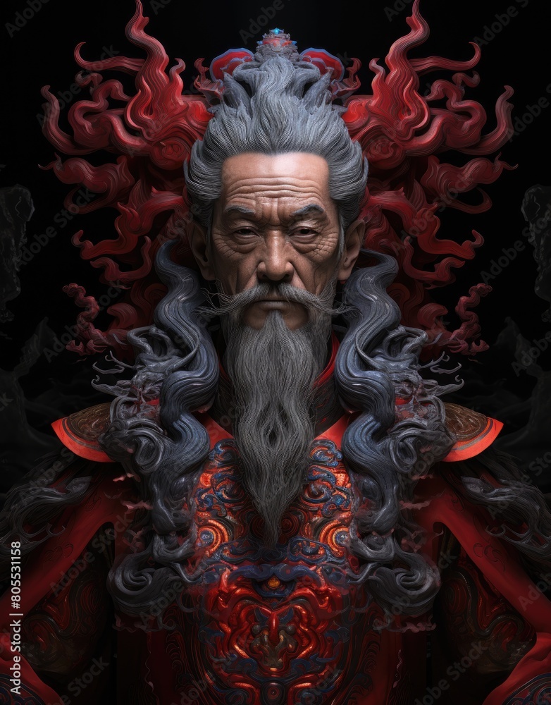 Powerful and mystical elderly man with long gray beard and hair