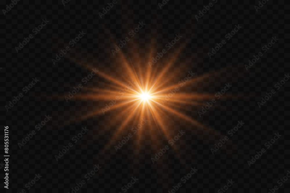 Golden glowing light explosion. The effect of a bright star and glare. On a transparent background.