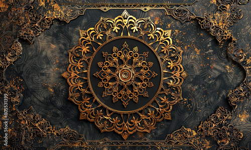 A close-up view of an ornate mandala design with gold accents. Generate AI