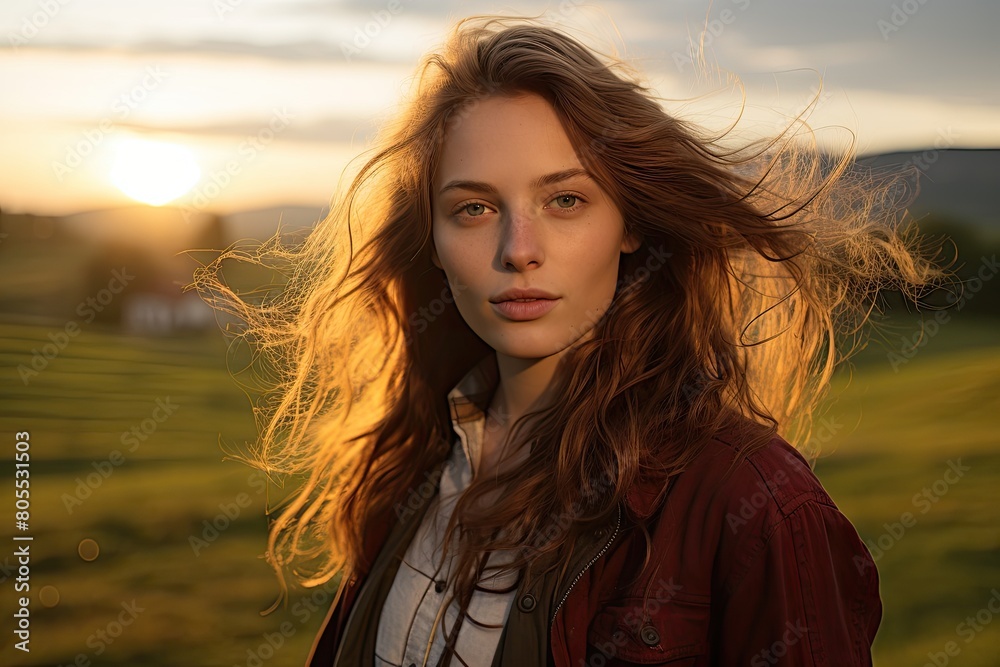 Captivating woman with flowing hair in the sunset Captivating woman with flowing hair in the sunset