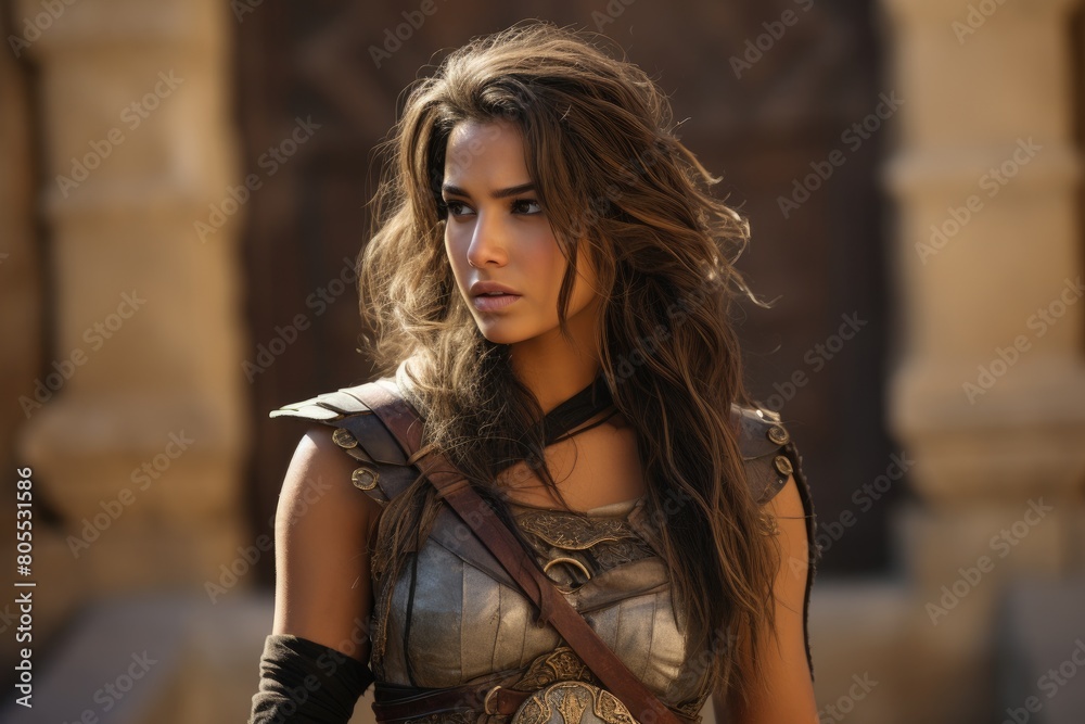 Fototapeta premium Fierce female warrior with long wavy hair