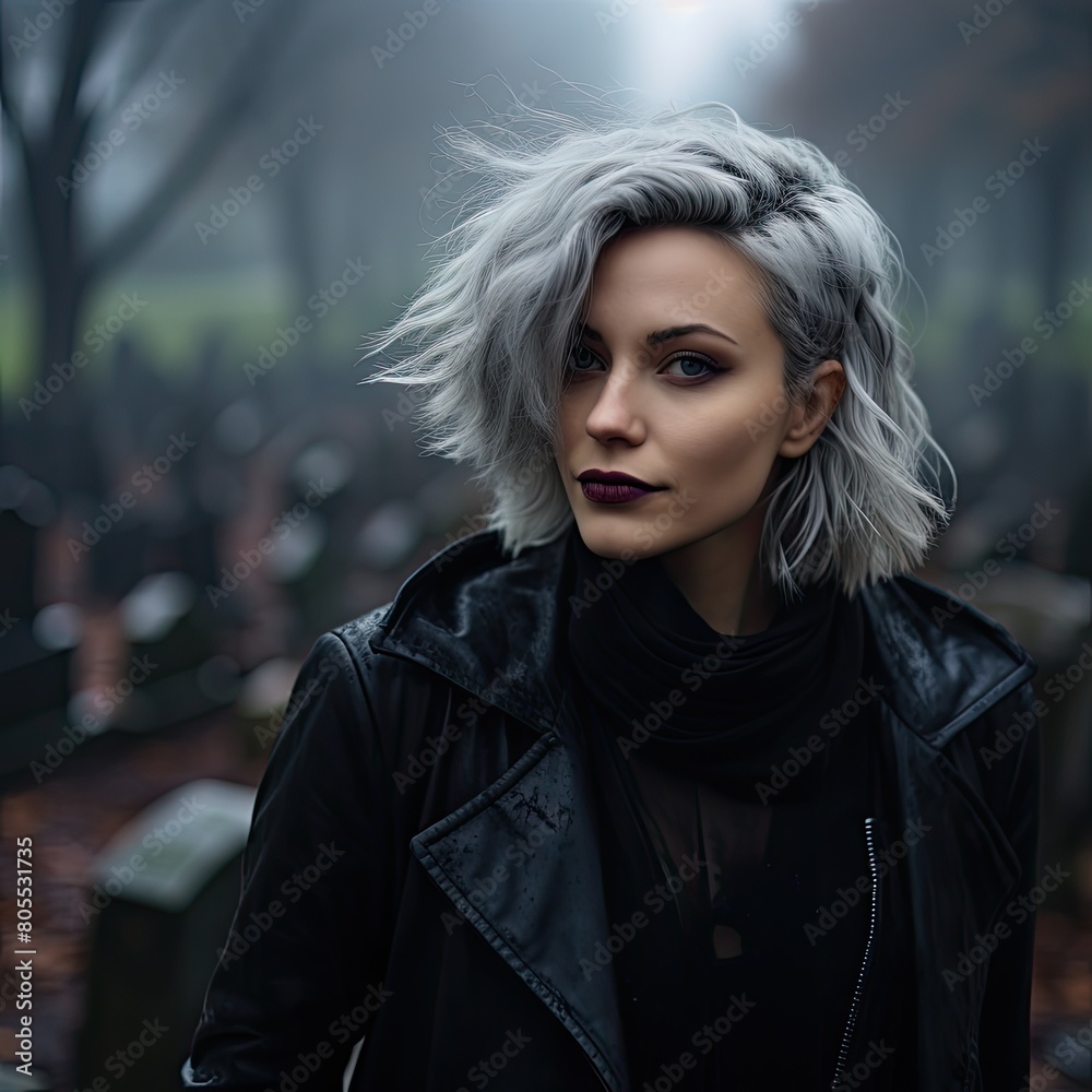 Mysterious woman with silver hair in a dark environment Mysterious woman with silver hair in a dark environment
