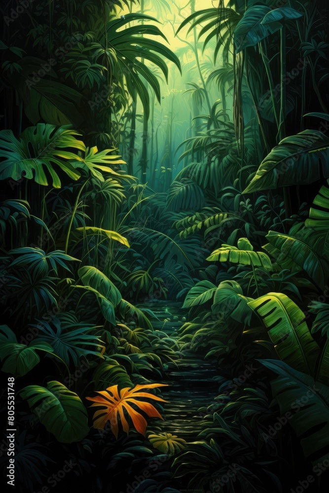 Lush tropical jungle landscape with vibrant foliage