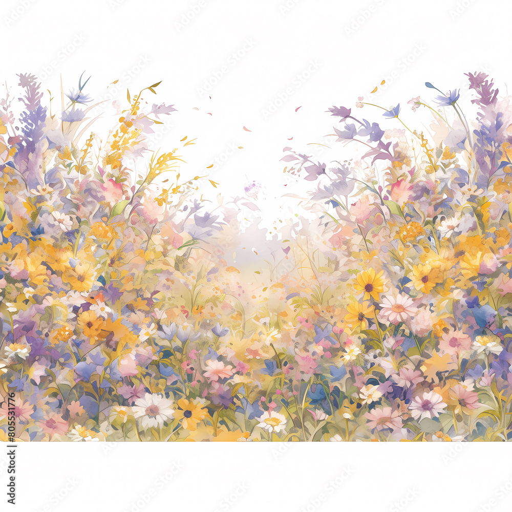 A vibrant meadow teeming with life and color, showcasing an array of flowers in a picturesque setting. Perfect for nature-inspired designs or travel promotion materials.