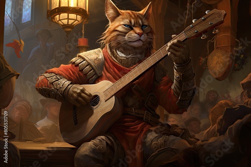 Heroic cat warrior playing guitar in fantasy tavern photo