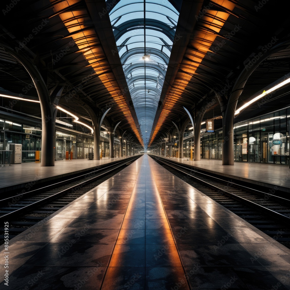 Futuristic train station interior with glass ceiling and empty platform