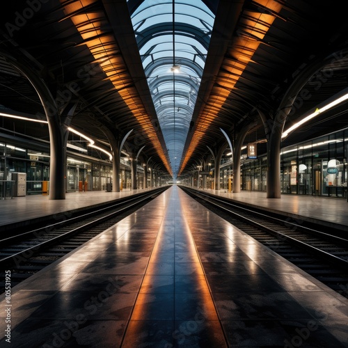 Futuristic train station interior with glass ceiling and empty platform