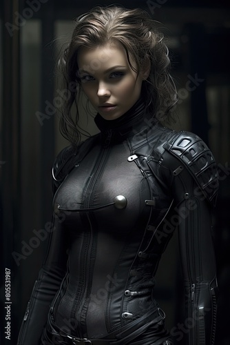Fierce female warrior in black leather outfit