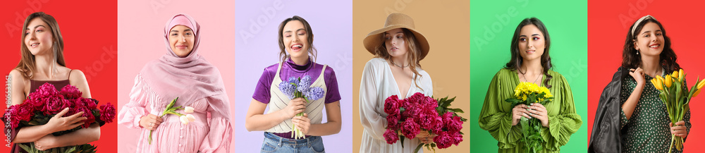 Collage of beautiful women with fresh flowers on color background Collage of beautiful women with fresh flowers on color background