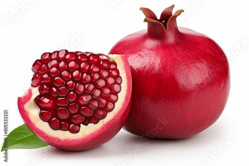 ripe pomegranate with seeds, isolated on white background, organic fresh fruit with copy space