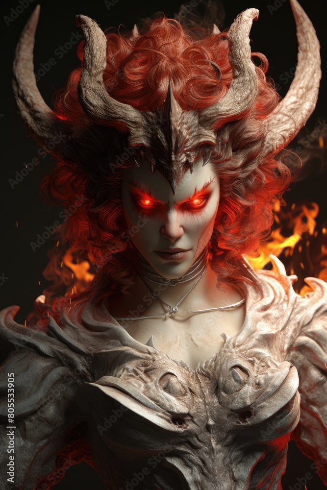 Demonic fantasy creature with fiery red hair and glowing eyes