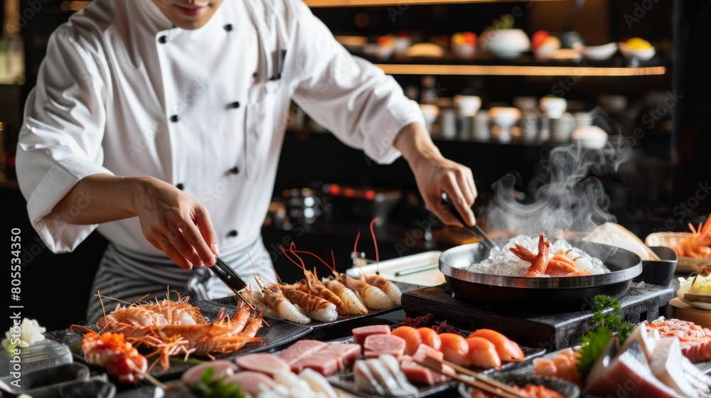 A chef skillfully arranging an array of premium seafood and meats for a luxurious shabu-shabu feast, showcasing culinary artistry.