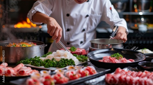 A chef skillfully arranging an array of premium seafood and meats for a luxurious shabu-shabu feast, showcasing culinary artistry.