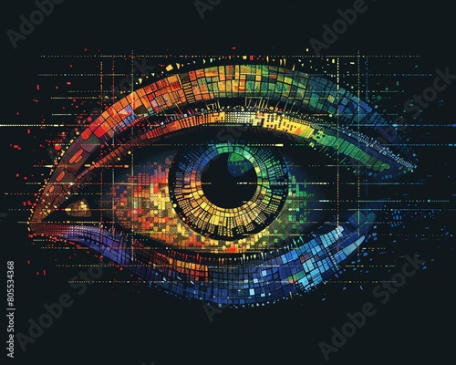 A logo with a stylized eye in matrix colors, symbolizing the omniscience of God 8K , high-resolution, ultra HD,up32K HD